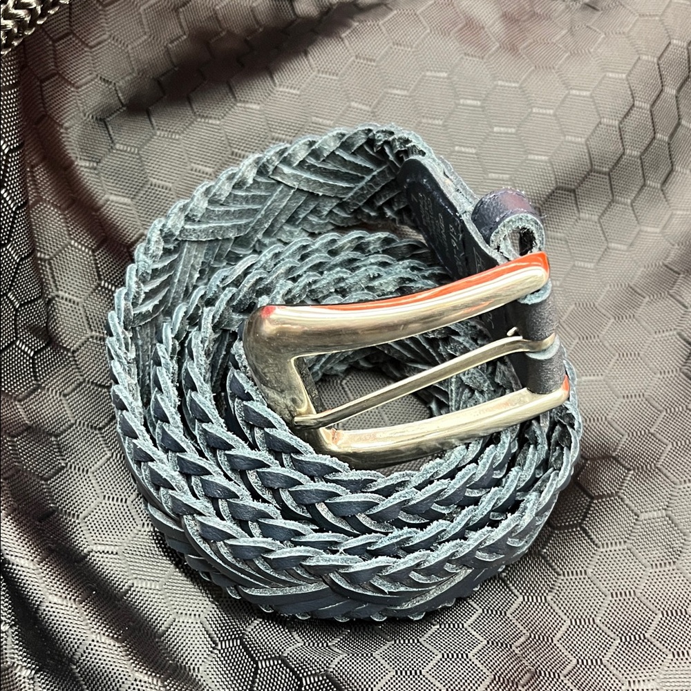 Braided Leather Waist Belt in Dark Blue with Silver Buckle